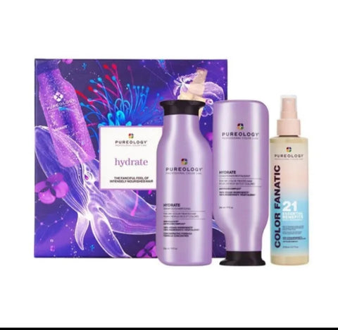 Pureology Hydrate Holiday Kit ,Shampoo 9oz, Conditioner 9oz,Leave in Spray 6.7oz